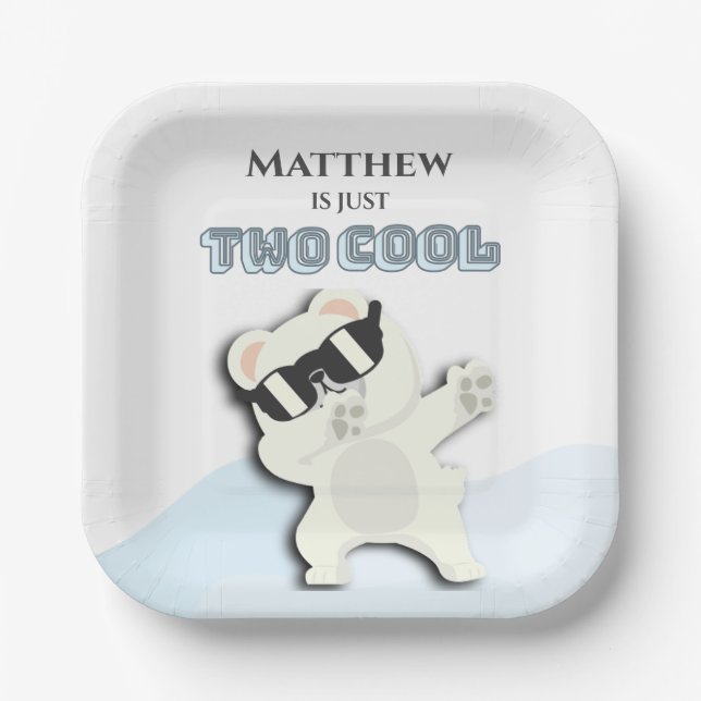 Two Cool Winter Polar Bear dabbing 2nd bday Paper Plate (Front)