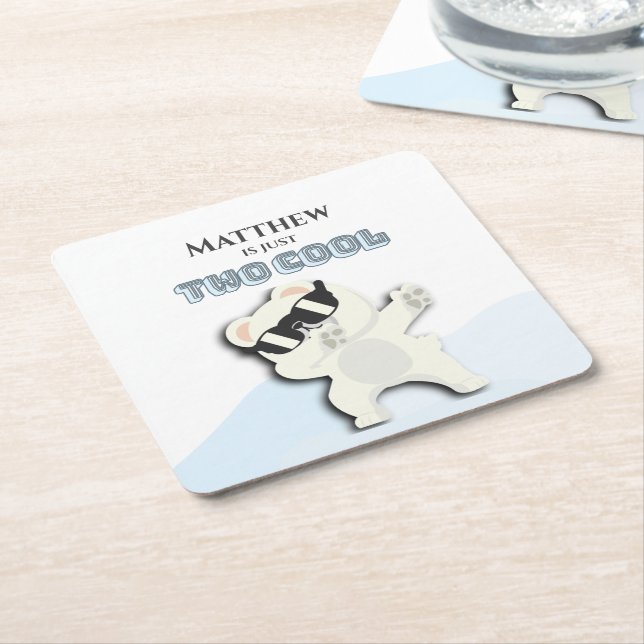 Two Cool Winter Polar Bear dabbing 2nd bday Square Paper Coaster (Angled)