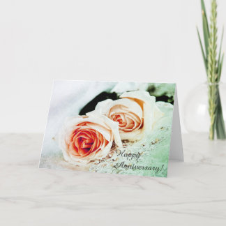 Two coral tender roses - happy anniversary card