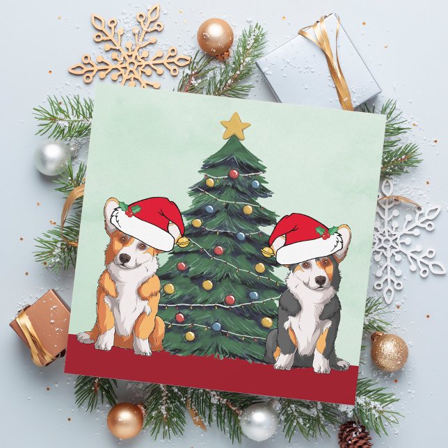 Two Corgi Christmas Tree Dog Santa Hat Cute Holiday Card (Creator Uploaded)
