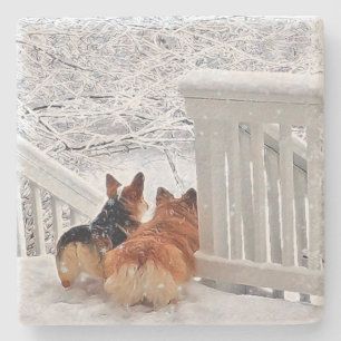 Two Corgis in Winter Stone Coaster