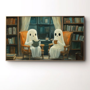 Two Cosy Ghosts Reading in a Vintage Library Poster