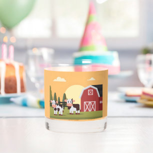 Two Cows and a Red Barn at Sunrise Whiskey Glass