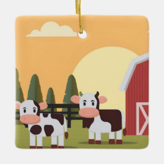 Two Cows and a Red Barn at Sunset Christmas Ceramic Ornament