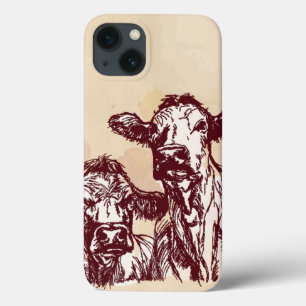 Two cows hand draw sketch & watercolor vintage iPhone 13 case