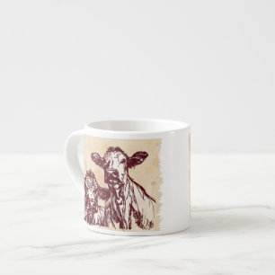 Two cows hand draw sketch & watercolor vintage espresso cup
