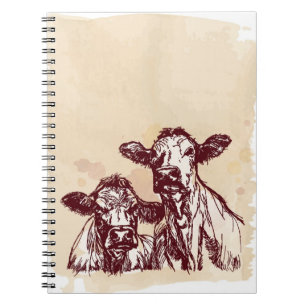 Two cows hand draw sketch & watercolor vintage spiral notebook