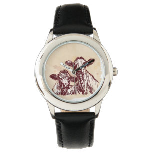Two cows hand draw sketch & watercolor vintage watch