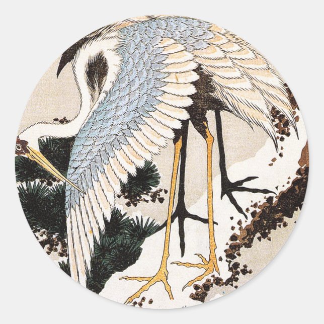 Two cranes on a pine covered with snow, Hiroshige Classic Round Sticker (Front)