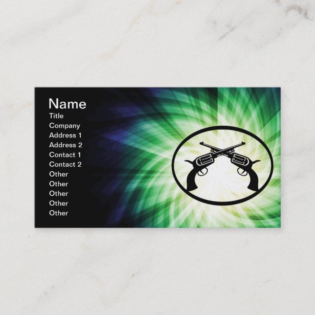 Two Crossed Pistols; Glowing Business Card (Front)
