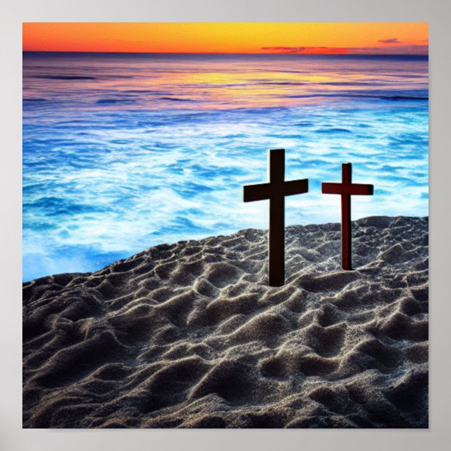 Two Crosses at the Seashore at Sunset Poster (Front)