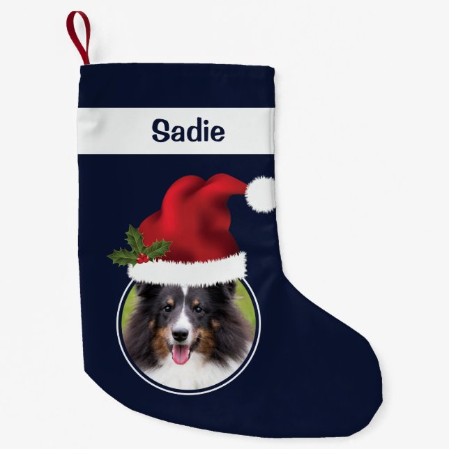 Two Custom Photo Templates With Santa Hats On Blue Small Christmas Stocking (Front)