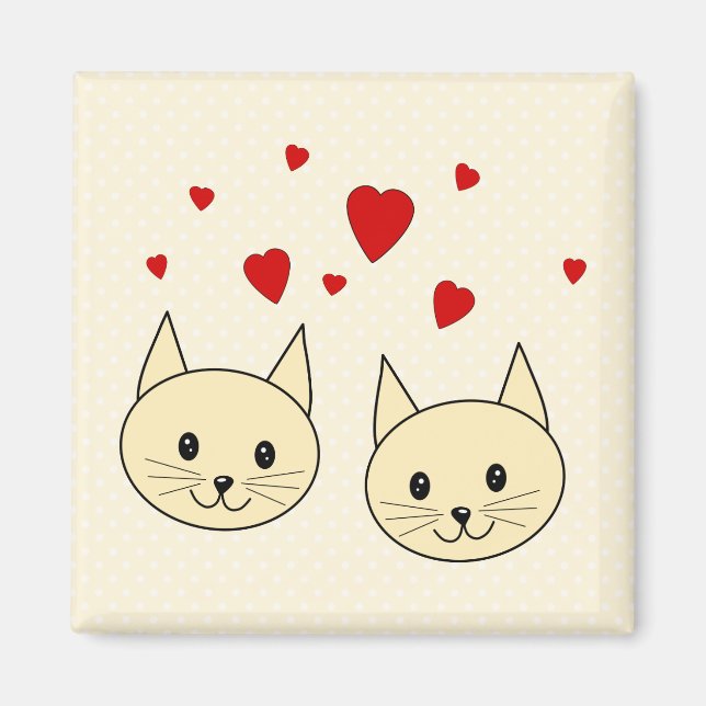 Two Cute Amber Colour Cats with Red Hearts. Magnet (Front)