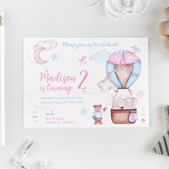 Two Cute Animals Balloon Whimsical Birthday Invitation (Creator Uploaded)