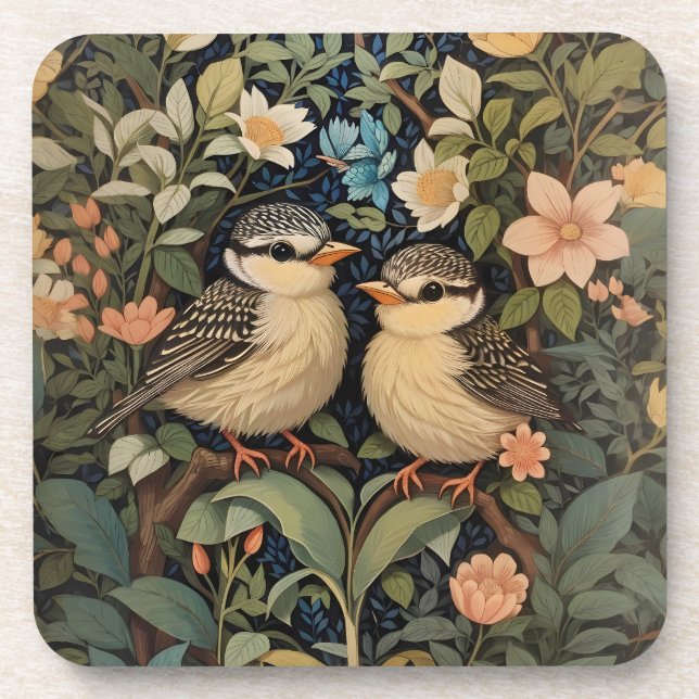 Two Cute Baby Birds Botanical Garden Coaster (Front)