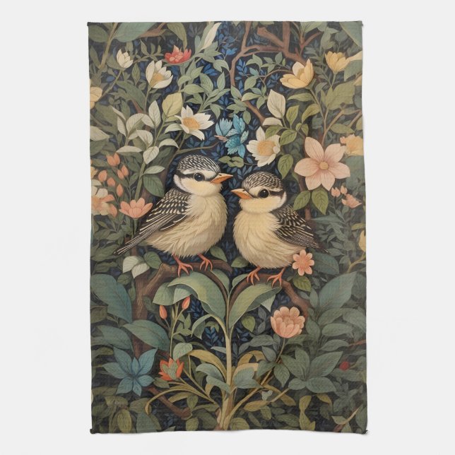 Two Cute Baby Birds Botanical Garden Tea Towel (Vertical)
