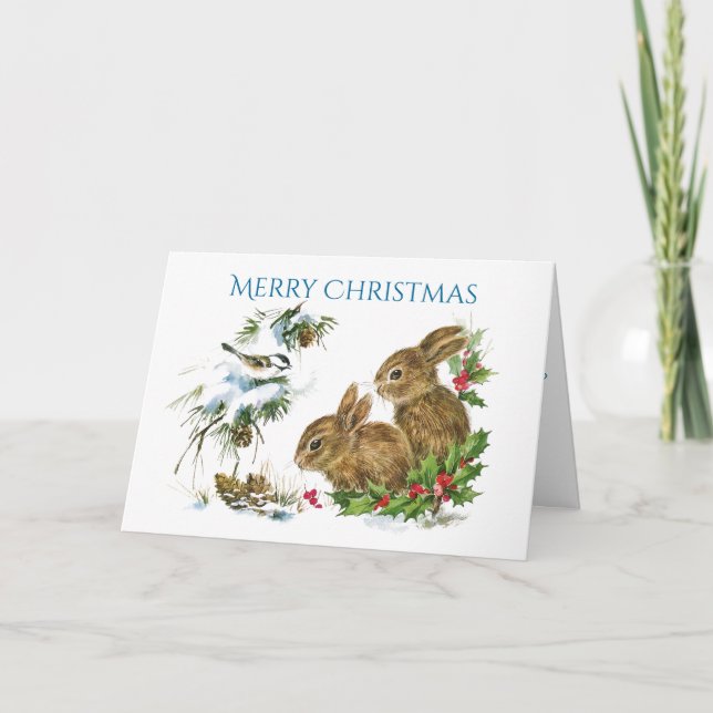 Two Cute Bunnies Merry Christmas Holiday Card (Front)