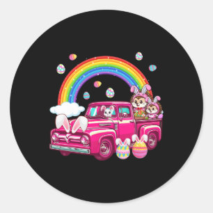 Two Cute Bunny Hedgehogs On Truck Easter Hunting E Classic Round Sticker