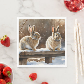 Two Cute Bunny Rabbits on a Bench in Snow Napkin