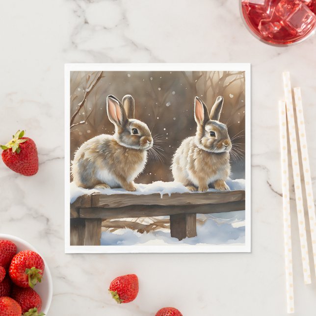 Two Cute Bunny Rabbits on a Bench in Snow Napkin (Insitu)