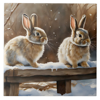 Two Cute Bunny Rabbits on a Bench in Snow Tile