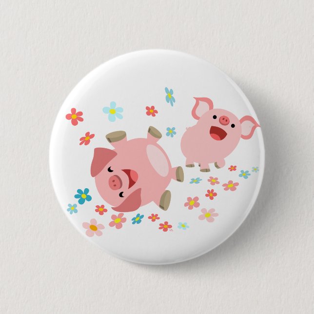Two Cute Cartoon Pigs in Spring Button Badge (Front)