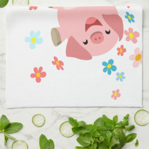 Two Cute Cartoon Pigs in Spring Kitchen Towel