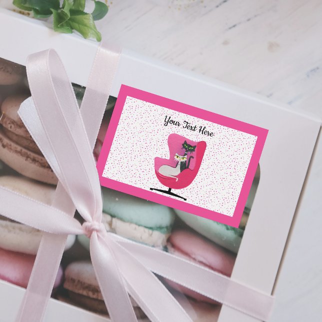 Two cute Cats in pink Mid Century Chair polka Dots Food Label (Two pretty cats in mid century pink chair on white with pink polka dots and pink border food label.)