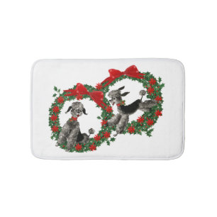 Two Cute Christmas Poodles Holly Wreaths Vintage Bath Mat