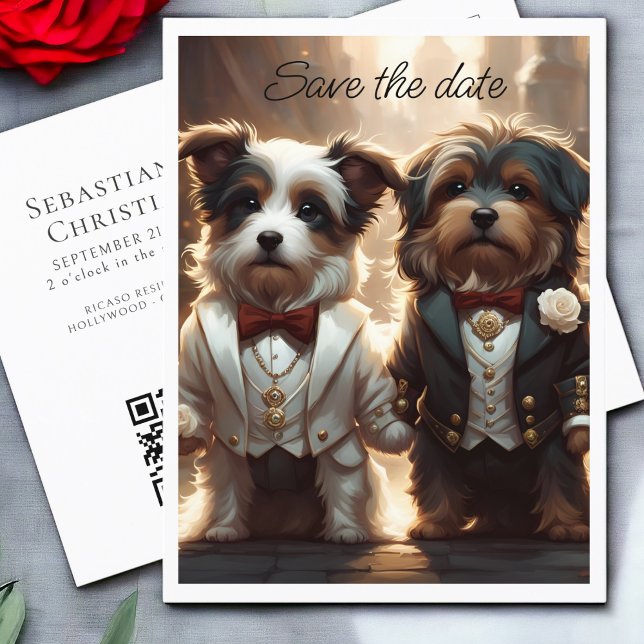 Two Cute Dog Grooms Gay Wedding Save the Date Announcement Postcard (Two Cute Dog Grooms Gay Wedding Save the Date Announcement Postcards from Ricaso. Mr & Mr fluffy dog)