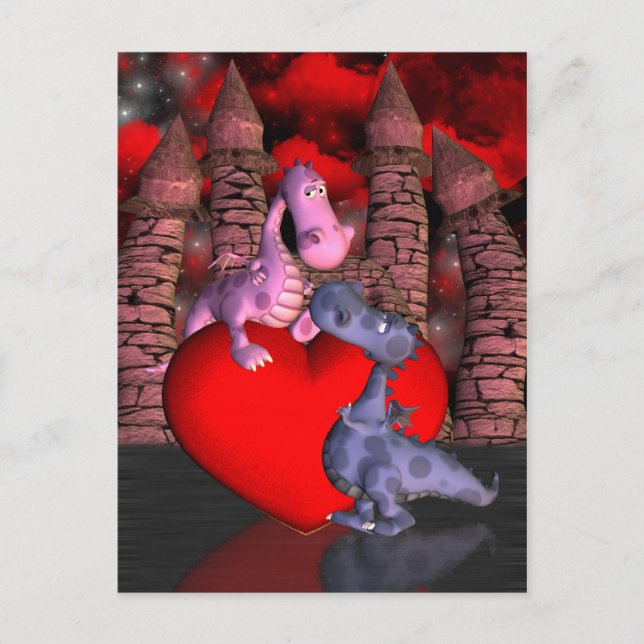 two cute dragons, one on a heart one looking up va postcard (Front)