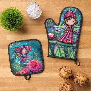Two Cute Flower Fairies Art by Molly Harrison Oven Mitt & Pot Holder Set