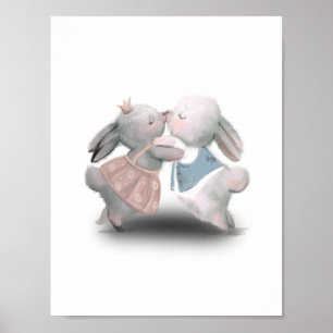 Two Cute Fluffy Blue And Pink Rabbits Poster