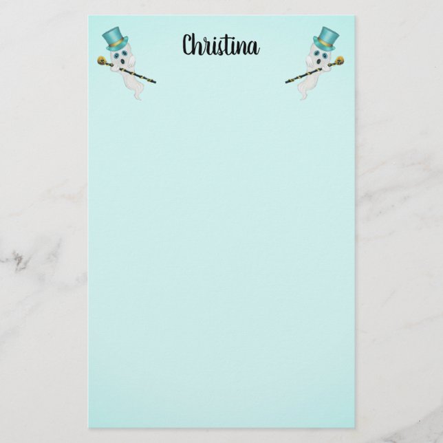 Two Cute Ghosts Blue Eyes Aqua Top Hats Skull Cane Stationery (Front)