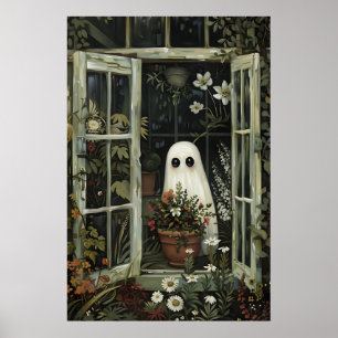 Two cute ghosts in flower woods print, romantic poster