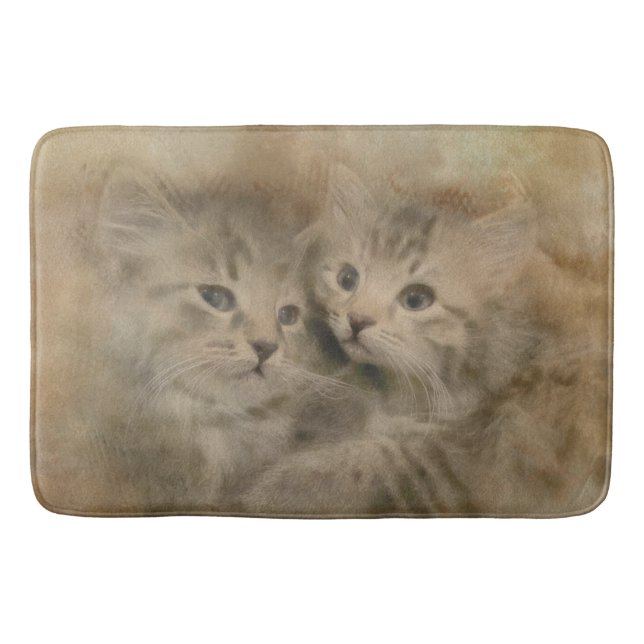 Two Cute Grey Striped Kittens In Watercolor Bath Mat (Front)