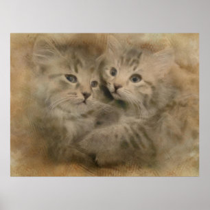 Two Cute Grey Striped Kittens In Watercolor Poster