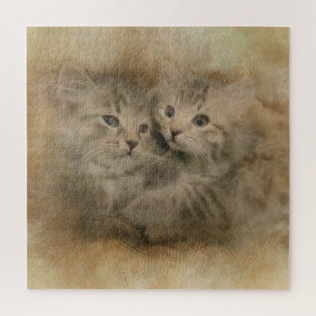 Two Cute Grey Striped Kittens In Watercolor Puzzle (Vertical)