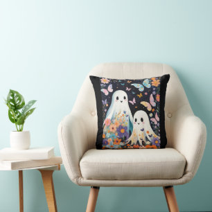 Two Cute Halloween Ghosts With Butterflies Floral Cushion