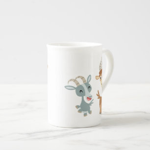 Two Cute Happy Cartoon Goats Bone China Mug