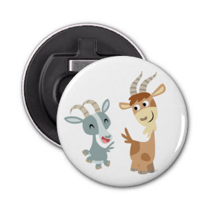 Two Cute Happy Cartoon Goats Button Bottle Opener
