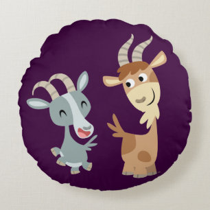 Two Cute Happy Cartoon Goats Round Pillow