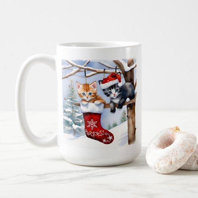 Two Cute Kittens Christmas Stocking and Santa Hat Coffee Mug (With Donut)