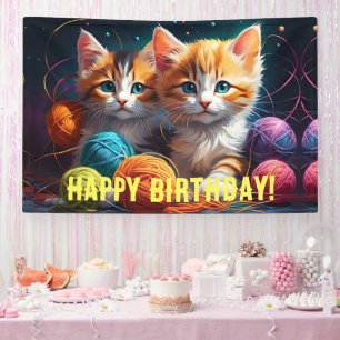 Two Cute kittens with balls of yarn Birthday Banner