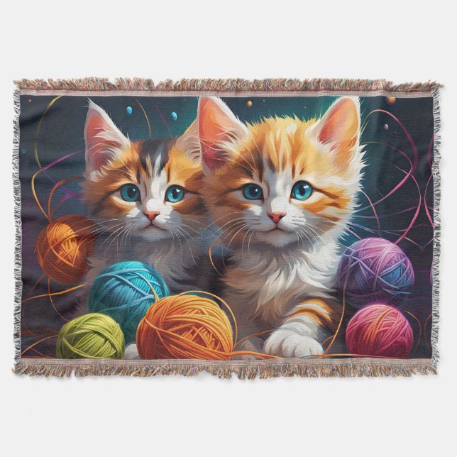 Two Cute kittens with balls of yarn  Throw Blanket (Front)