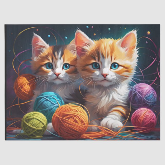 Two Cute kittens with balls of yarn  Tissue Paper (Front)