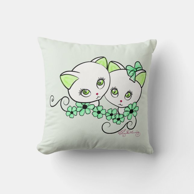 Two cute Kittens with Daisies Green Cushion (Front)
