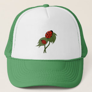 Two cute ladybugs on a plant trucker hat