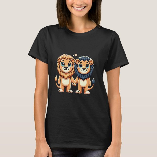Two Cute Lion Friends Holding Hands T-Shirt (Front)