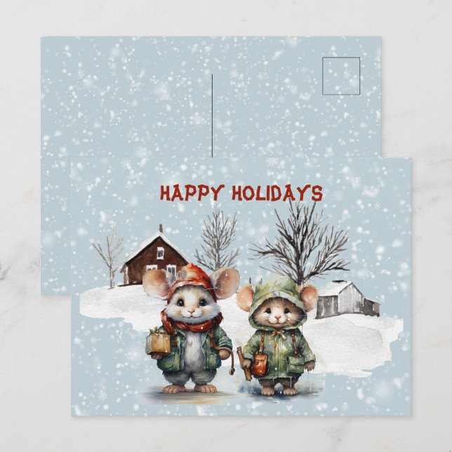 Two Cute Litte Mice At the Farm Happy Holidays Holiday Postcard (Front/Back)